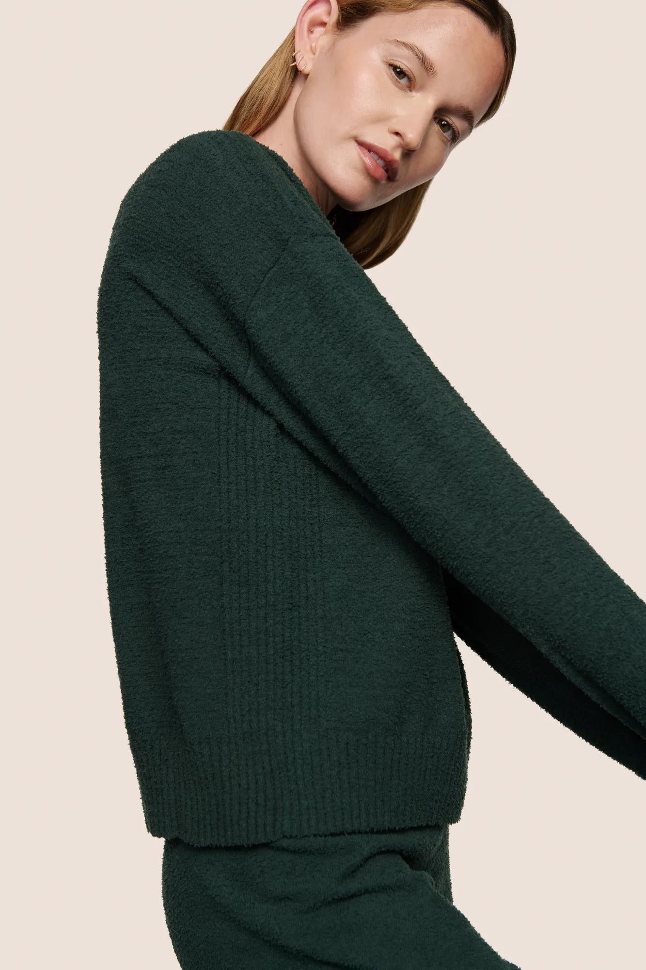 Model is wearing Recycled Boucle Crew Neck Pullover  in Pine