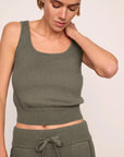 Model is wearing Recycled Sweater Cropped Tank  in Smokey Olive