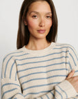 Model is wearing Coastal Cotton Sweater Polo in Regatta Stripe Summer Blue/Whi