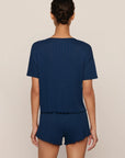 Model is wearing Pointelle Short Sleeve Tee  in Navy