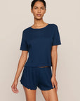 Model is wearing Pointelle Short Sleeve Tee  in Navy