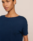 Model is wearing Pointelle Short Sleeve Tee  in Navy