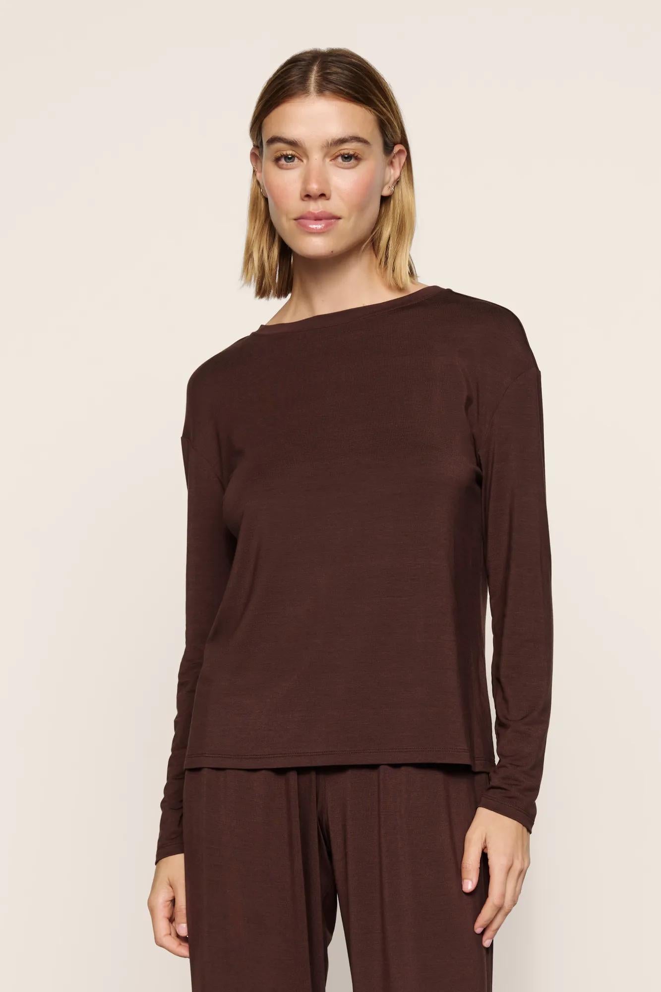 Model is wearing Gisele TENCEL™ Modal Everyday Long Sleeve in Chocolate