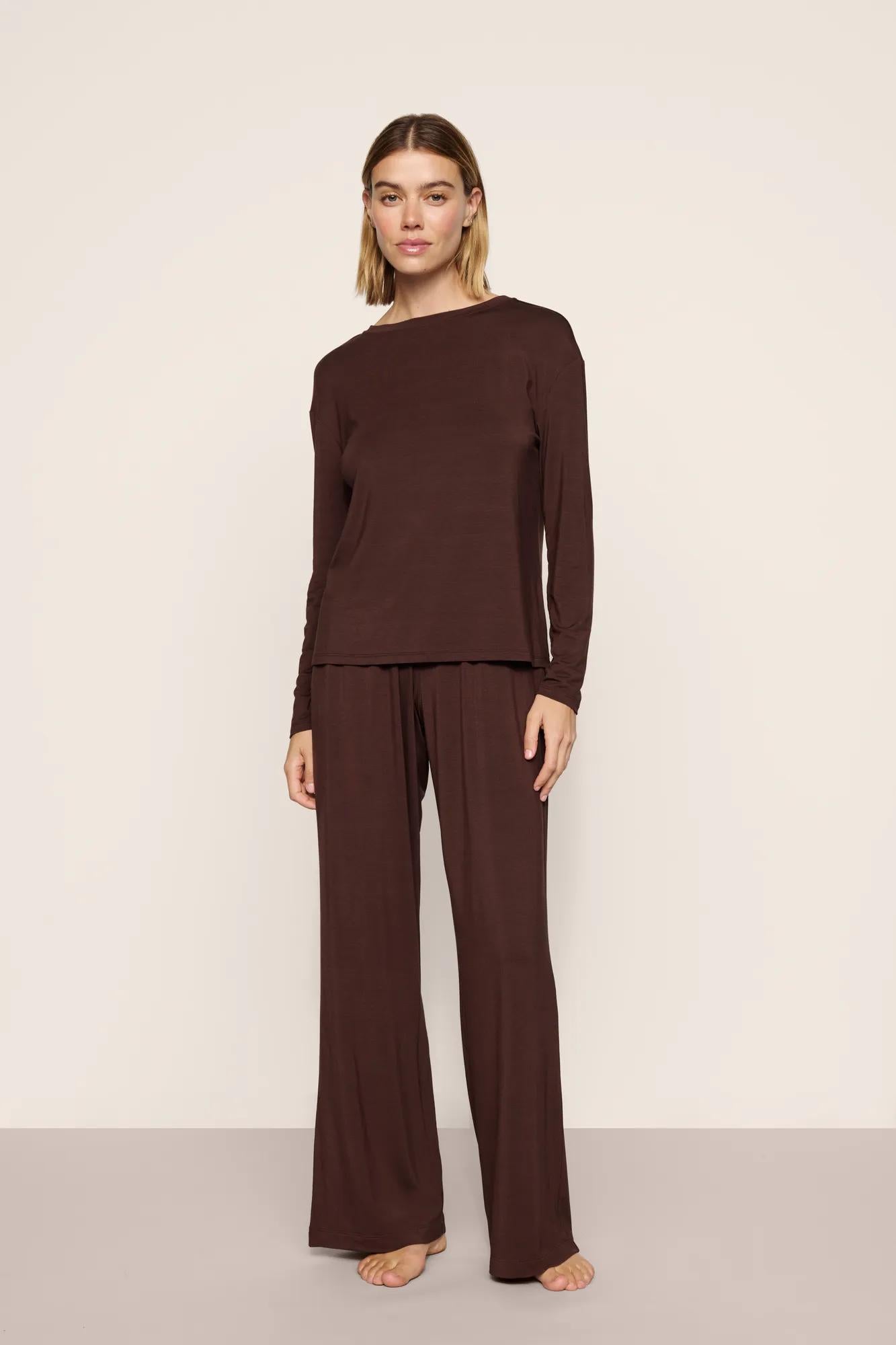 Model is wearing Gisele TENCEL™ Modal Everyday Long Sleeve in Chocolate