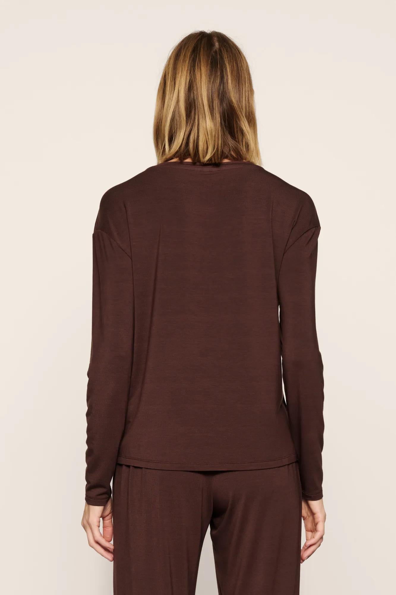 Model is wearing Gisele TENCEL™ Modal Everyday Long Sleeve in Chocolate