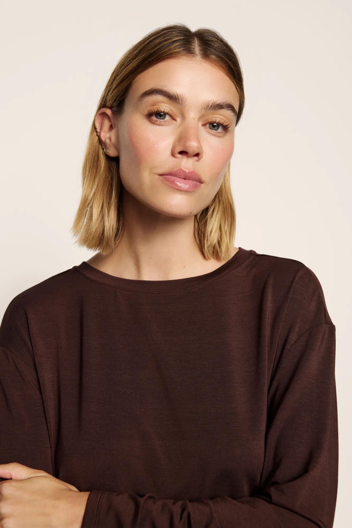 Model is wearing Gisele TENCEL™ Modal Everyday Long Sleeve in Chocolate