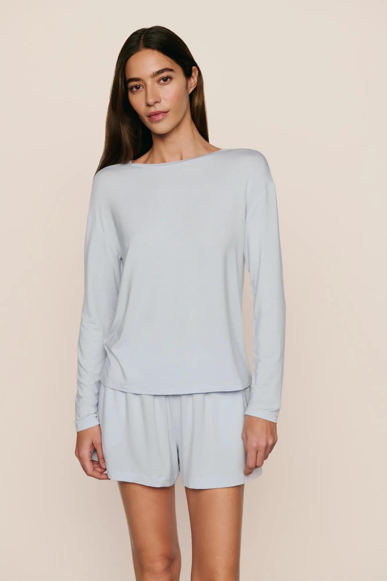 Model is wearing Gisele TENCEL™ Modal Everyday Long Sleeve  in Ice Blue