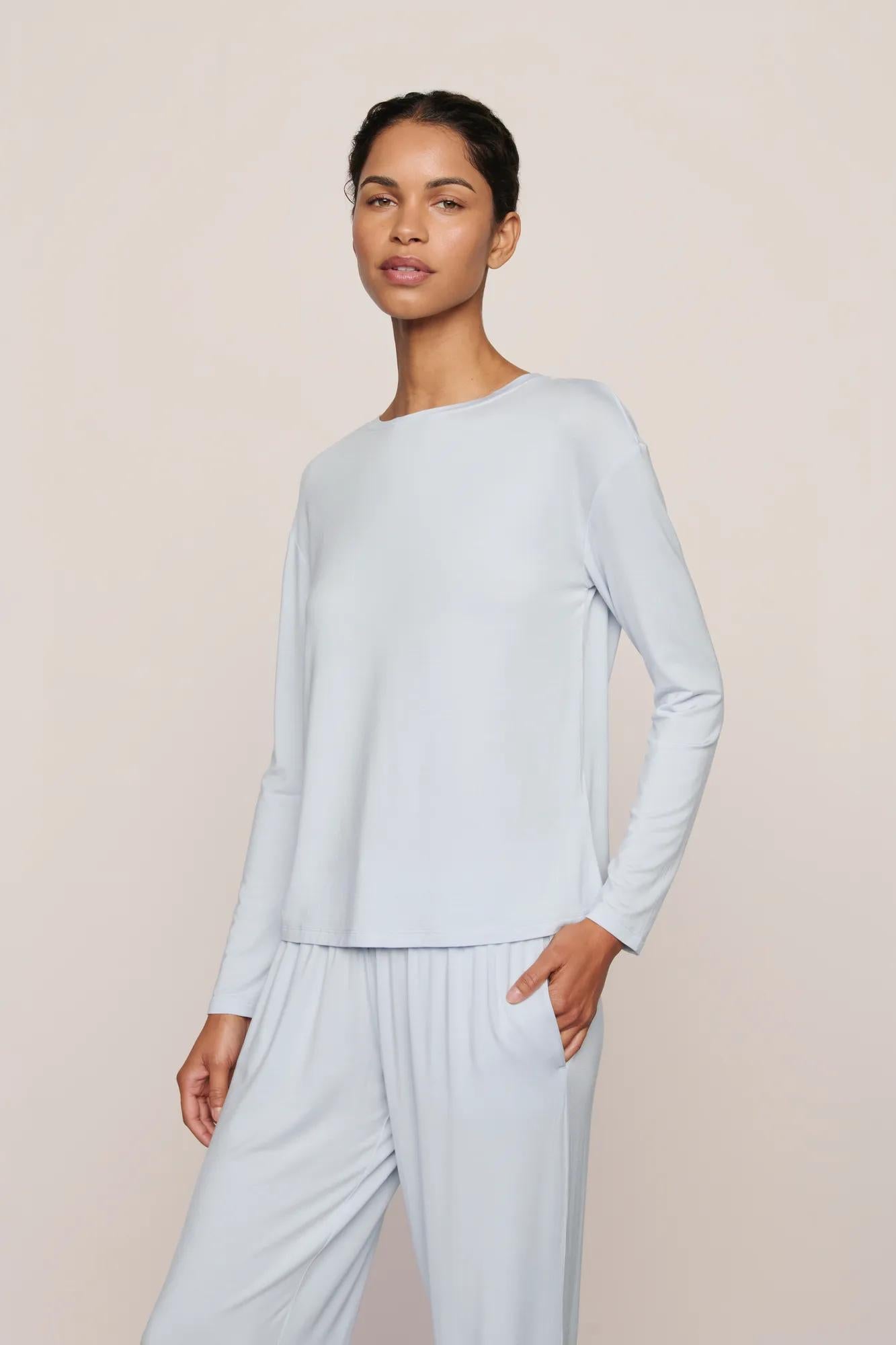 Model is wearing Gisele TENCEL™ Modal Everyday Long Sleeve  in Ice Blue