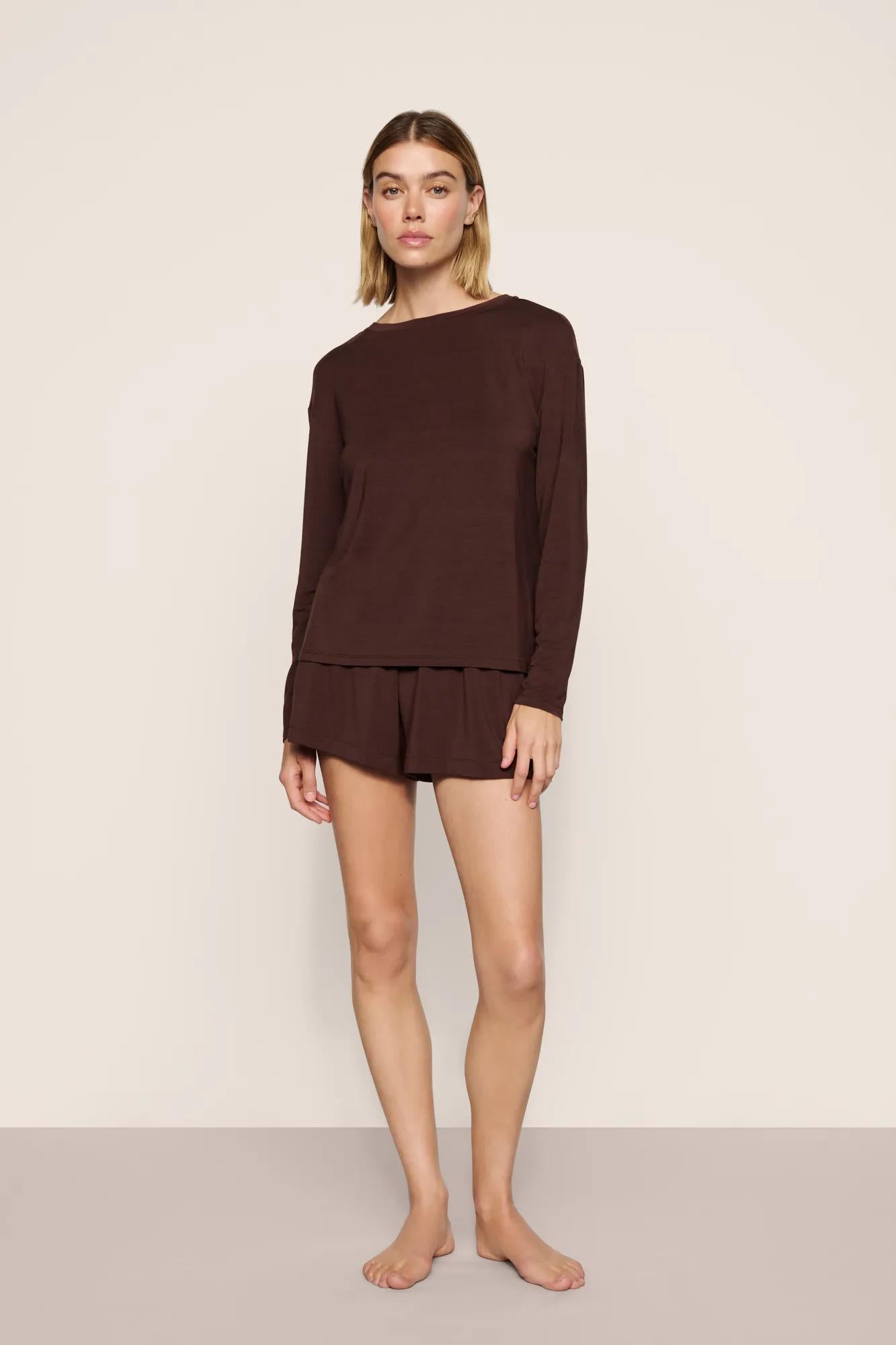 Model is wearing Gisele TENCEL™ Modal Everyday Long Sleeve in Chocolate