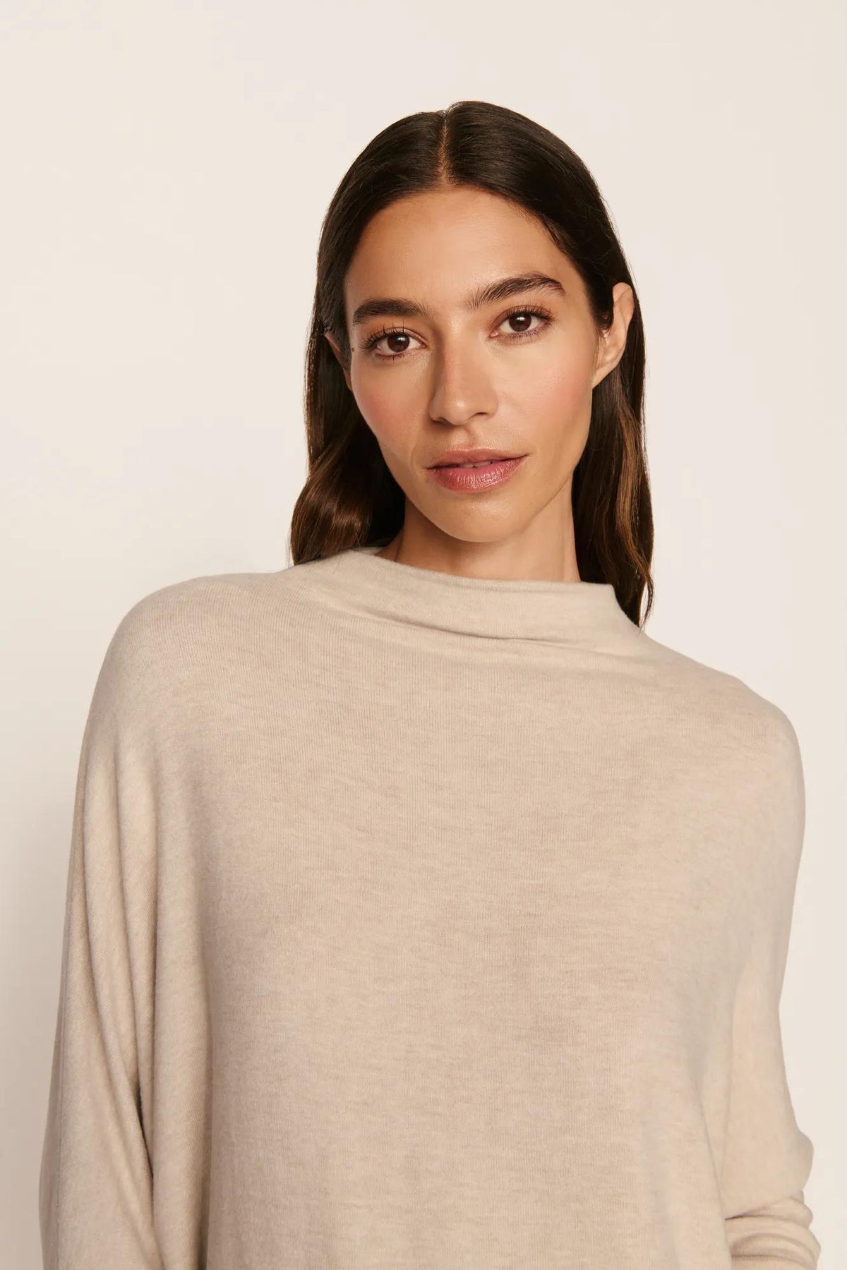 Model is wearing Cozy Time Mock Neck Pullover in Heather French Oak