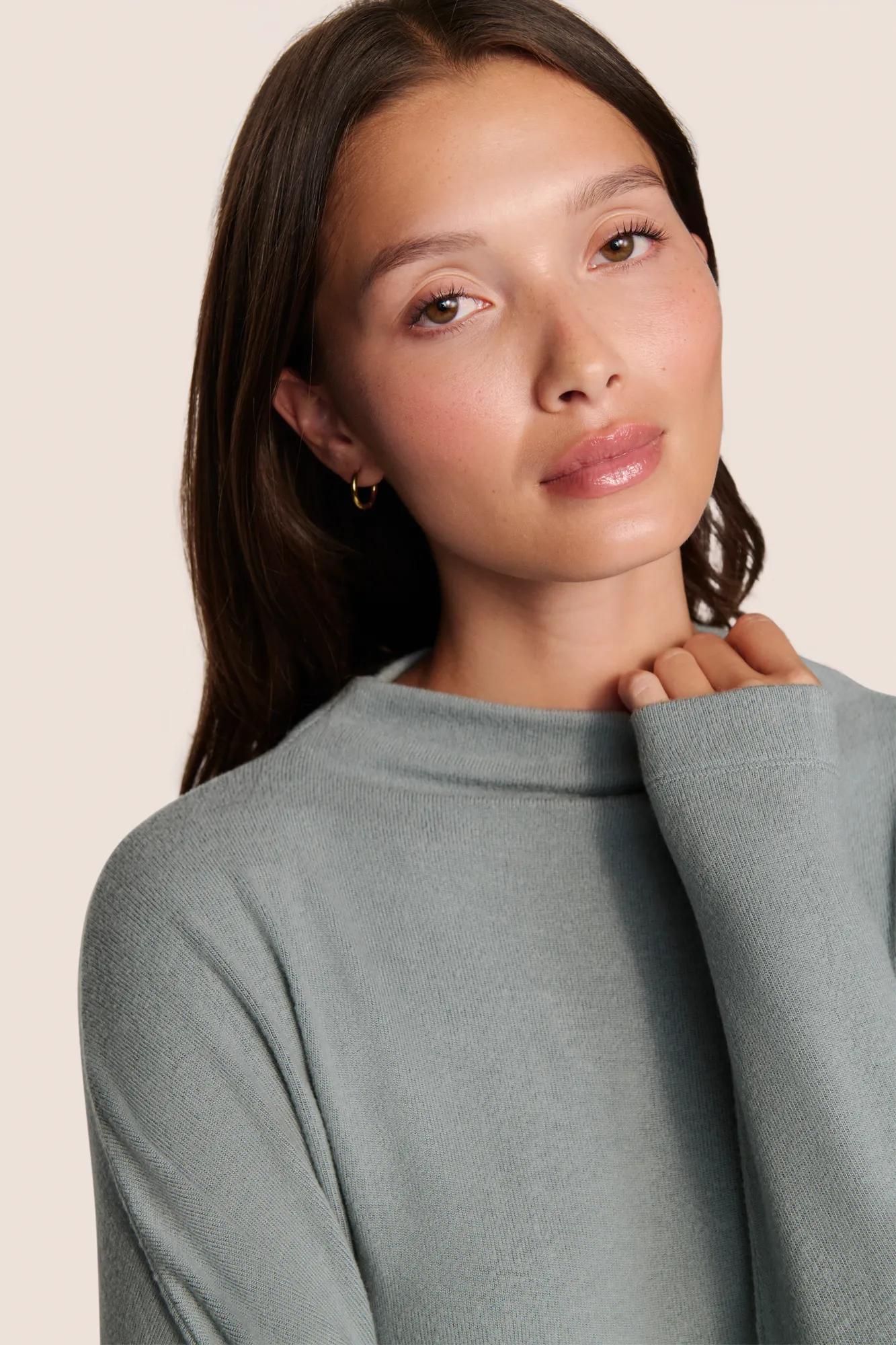 Model is wearing Cozy Time Mock Neck Pullover  in Lead