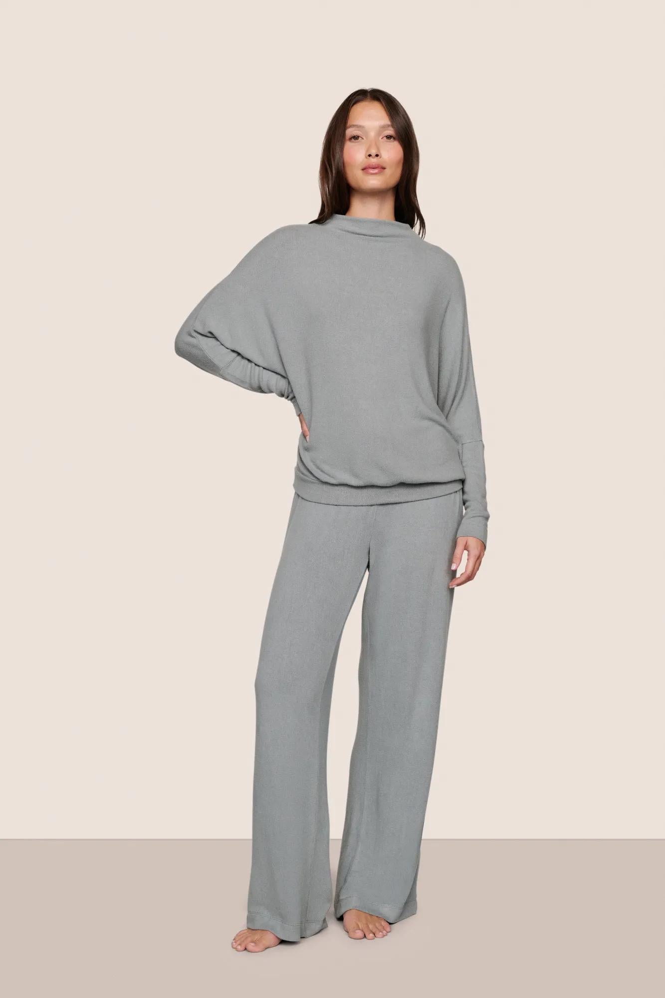 Model is wearing Cozy Time Mock Neck Pullover  in Lead