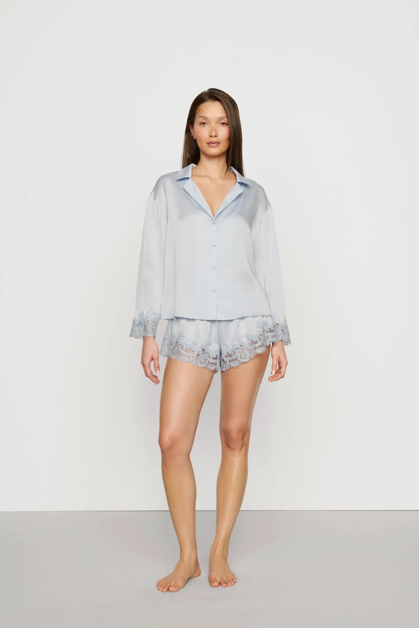 Model is wearing Washable Silk with Lace Embroidery Long Sleeve Top & Short PJ Set in Powder Blue
