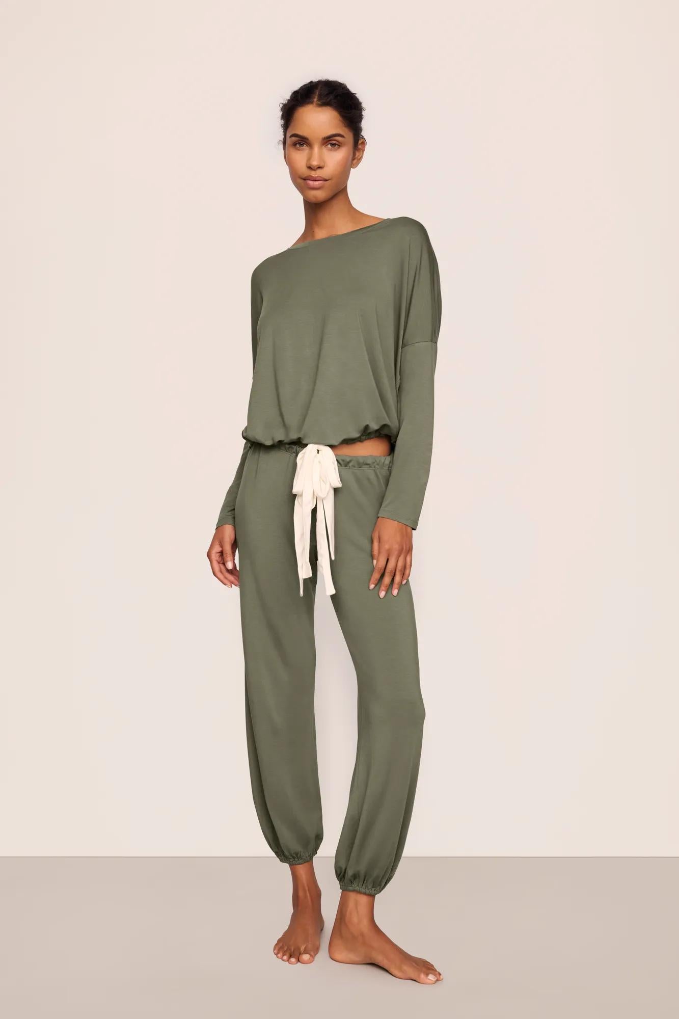 Model is wearing Gisele TENCEL™ Modal Slouchy PJ Set  in Smokey Olive/Ivory