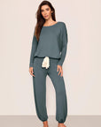 Model is wearing Gisele TENCEL™ Modal Slouchy PJ Set  in  Stone Blue/Ivory