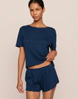 Model is wearing Pointelle Short  in Navy