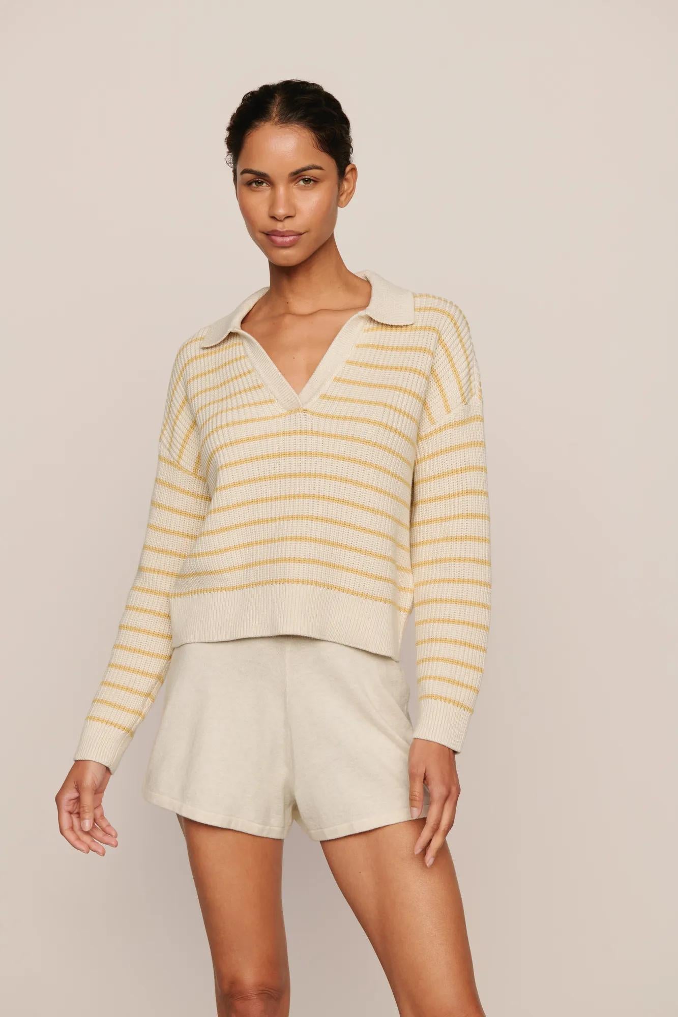 Model is wearing Fine Gauge Sweater Short in Almond Heather