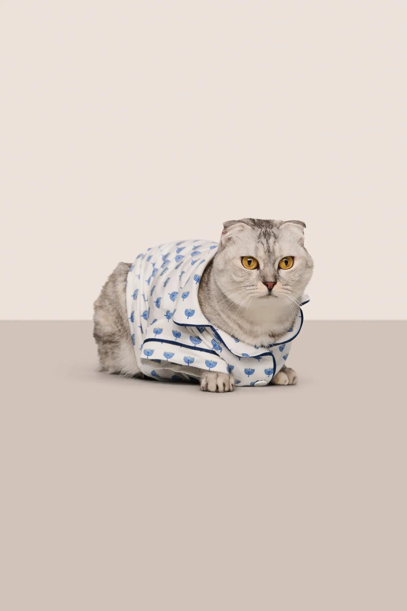 Model is wearing Gisele Printed TENCEL™ Modal Pet PJ  in Hannukah Glow Nouvean Navy/Ny