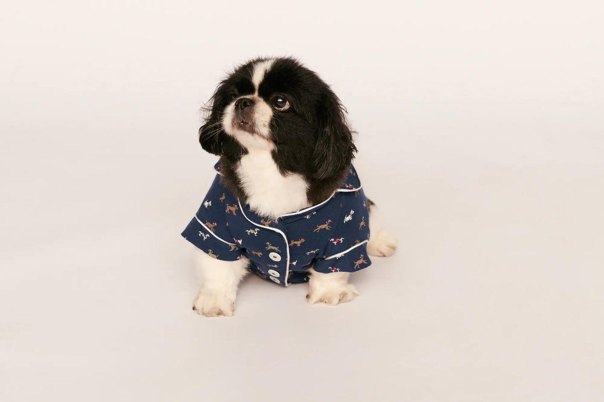 Model is wearing Gisele Printed TENCEL™ Modal Pet PJ in Santa Paws Navy/Ivory