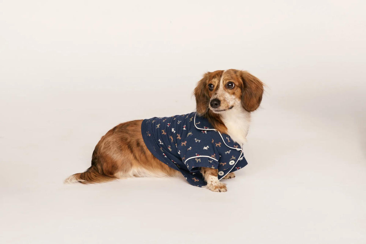 Model is wearing Gisele Printed TENCEL™ Modal Pet PJ in Santa Paws Navy/Ivory