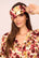 Model is wearing Inez Washable Silk Printed Eye Mask in Botanical Flower Merlot