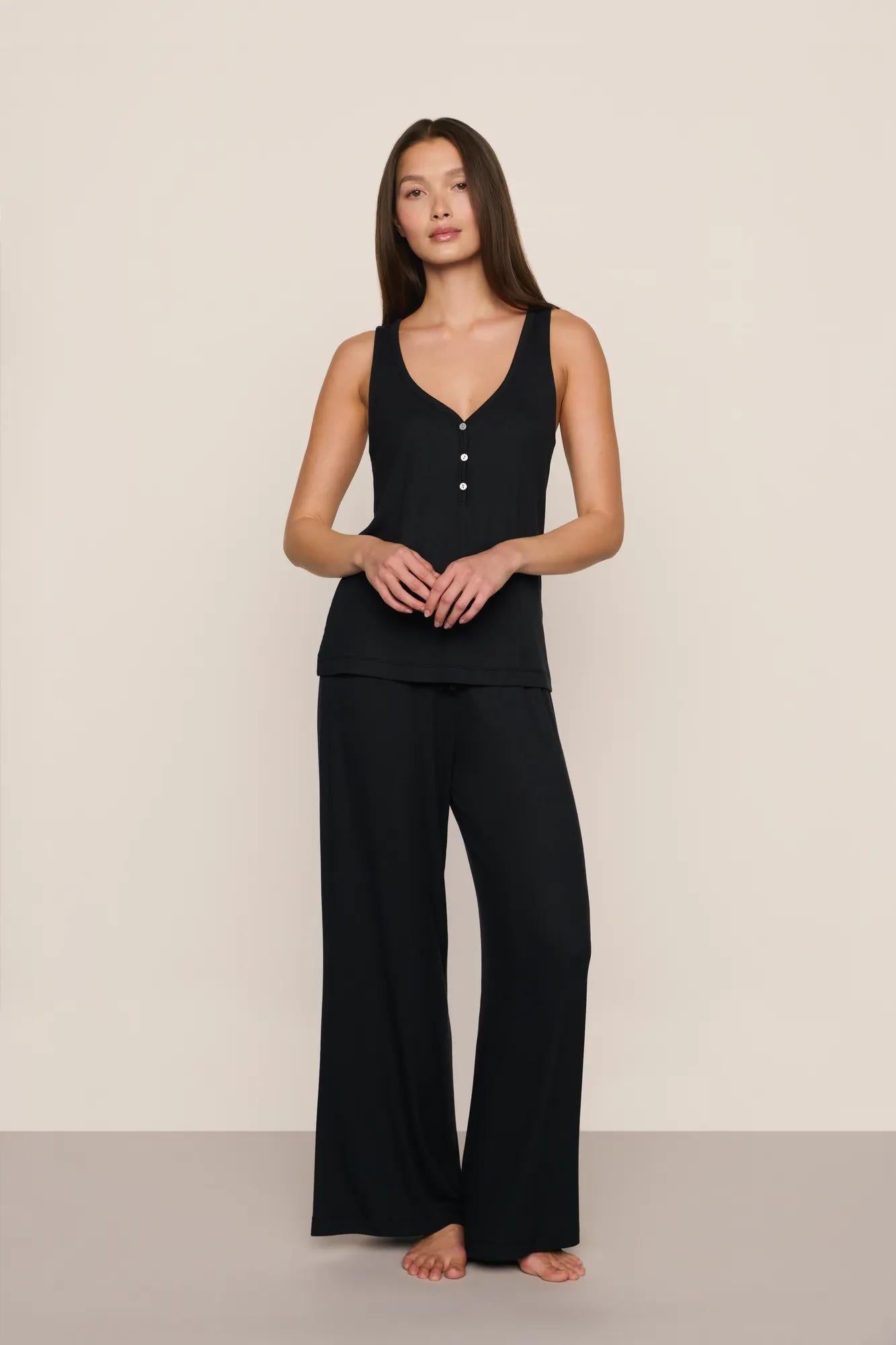 Model is wearing Dream Rib Wide Leg Pant in Black