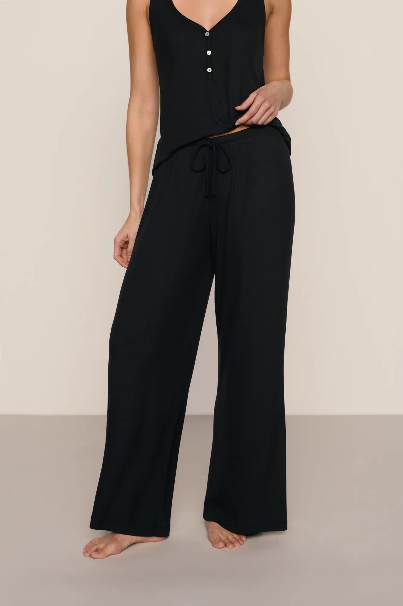 Model is wearing Dream Rib Wide Leg Pant in Black