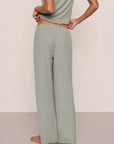 Model is wearing Dream Rib Wide Leg Pant in Dark Heather Grey