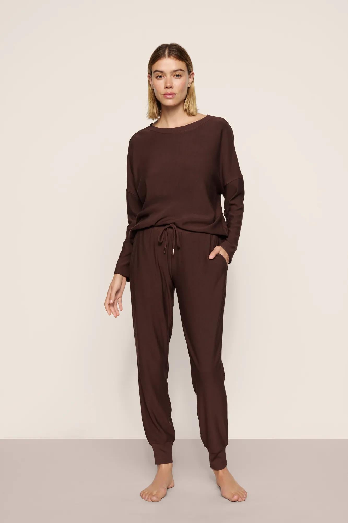 Model is wearing Softest Sweats Jogger in Chocolate