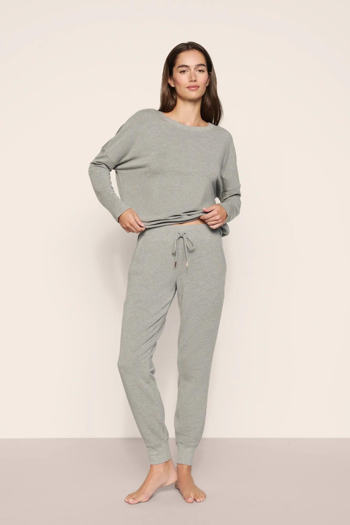 Model is wearing Softest Sweats Jogger in Dark Heather Grey
