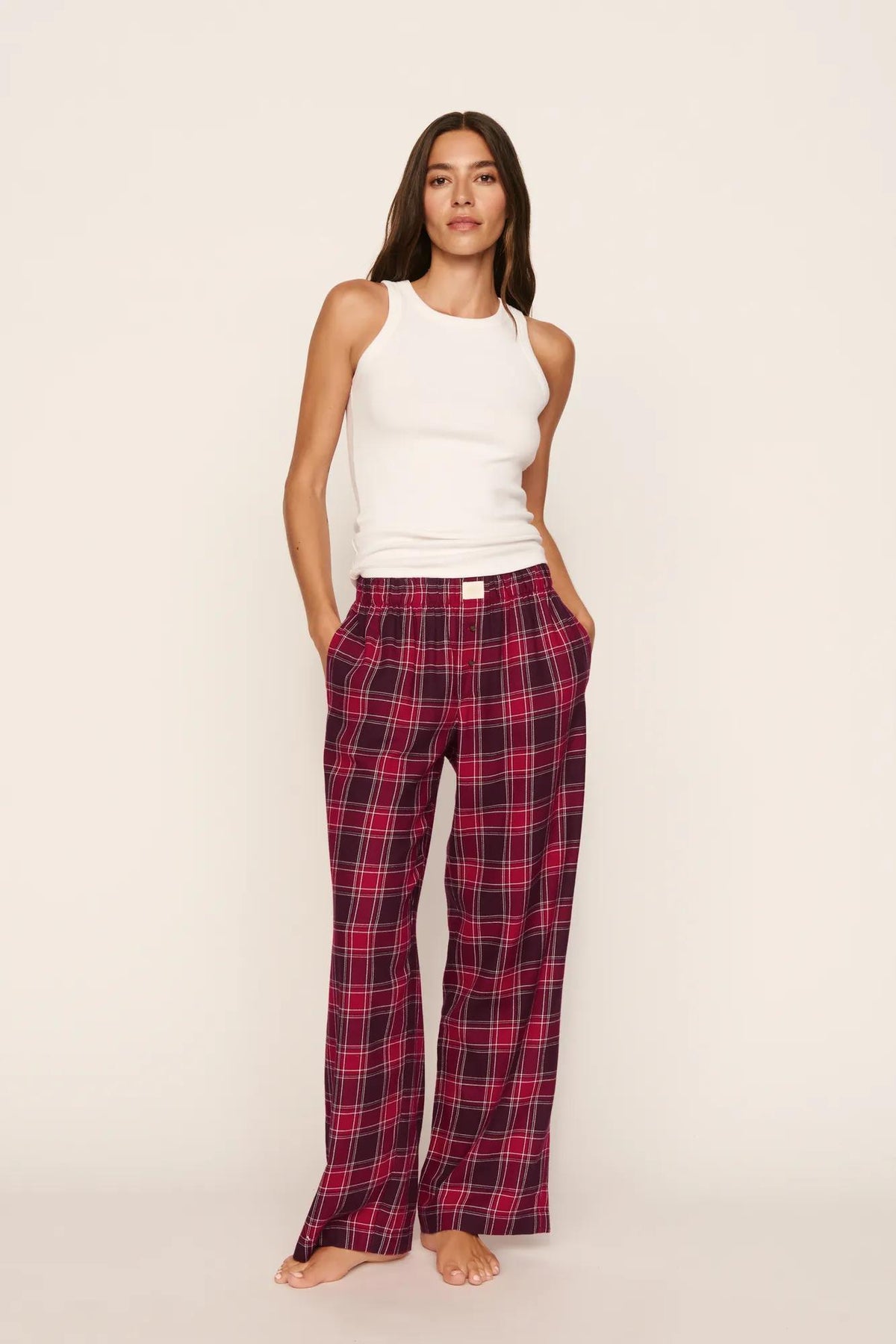 Model is wearing Flannel Boxer Pant in Oxford Check Holly Red