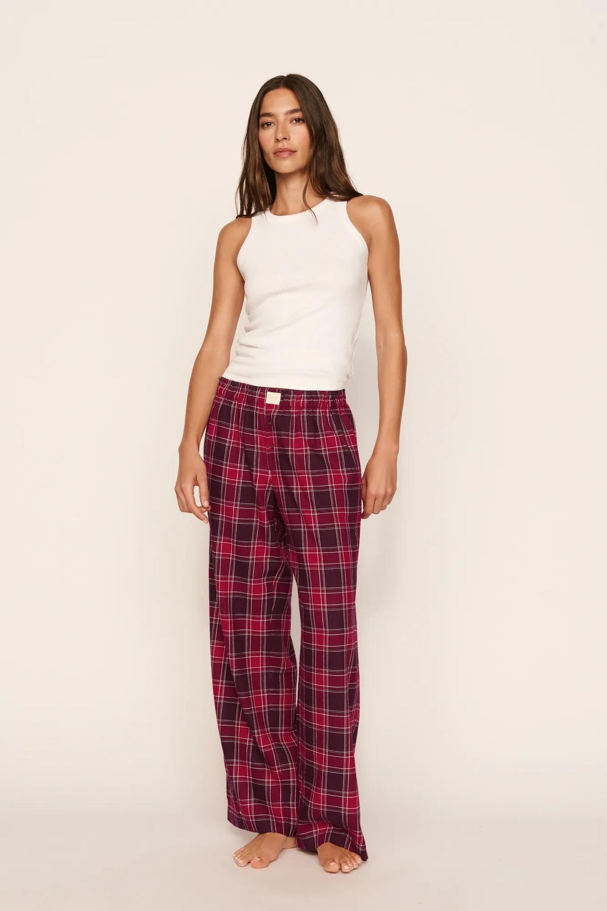Model is wearing Flannel Boxer Pant in Oxford Check Holly Red