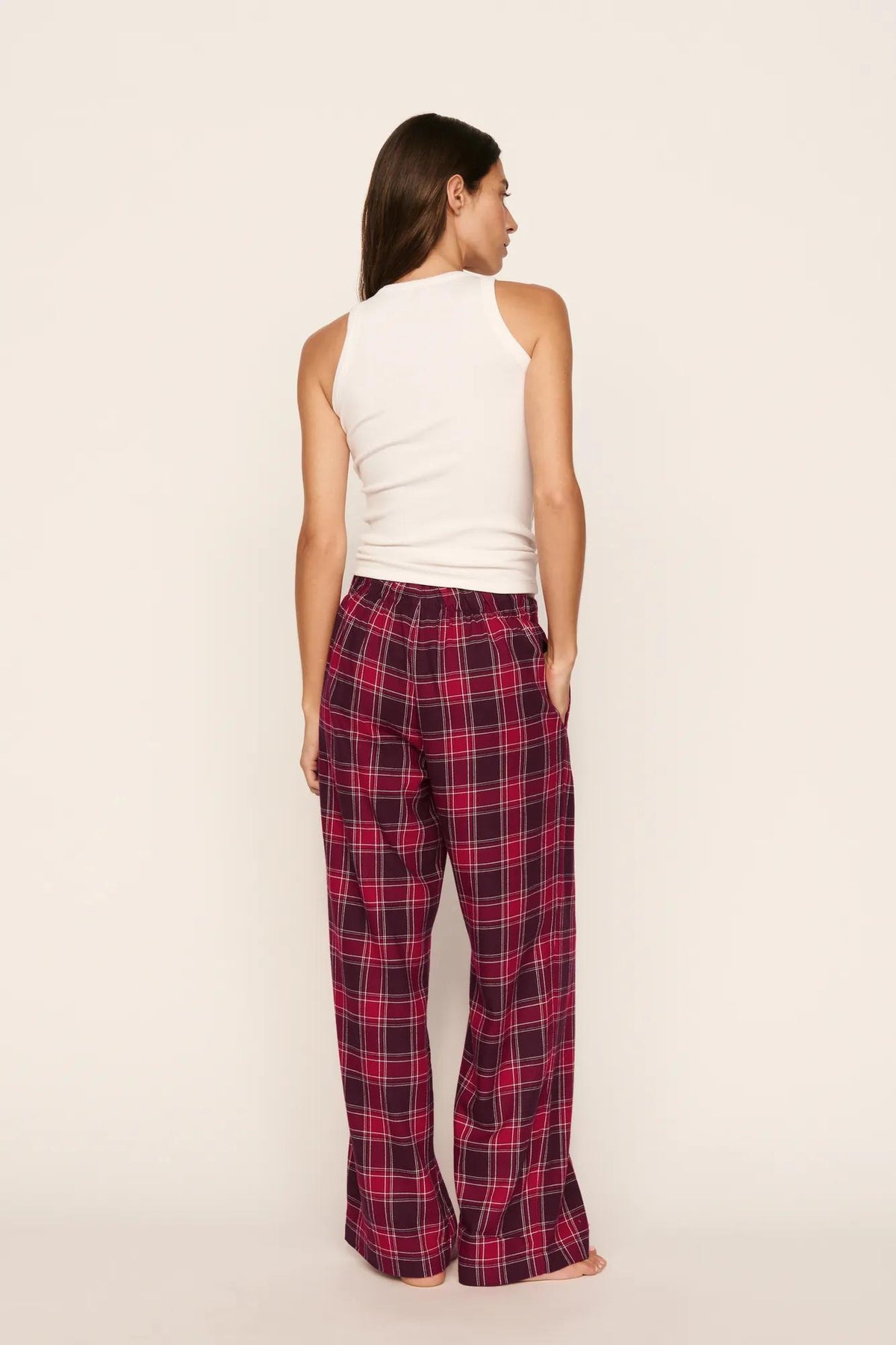 Model is wearing Flannel Boxer Pant in Oxford Check Holly Red