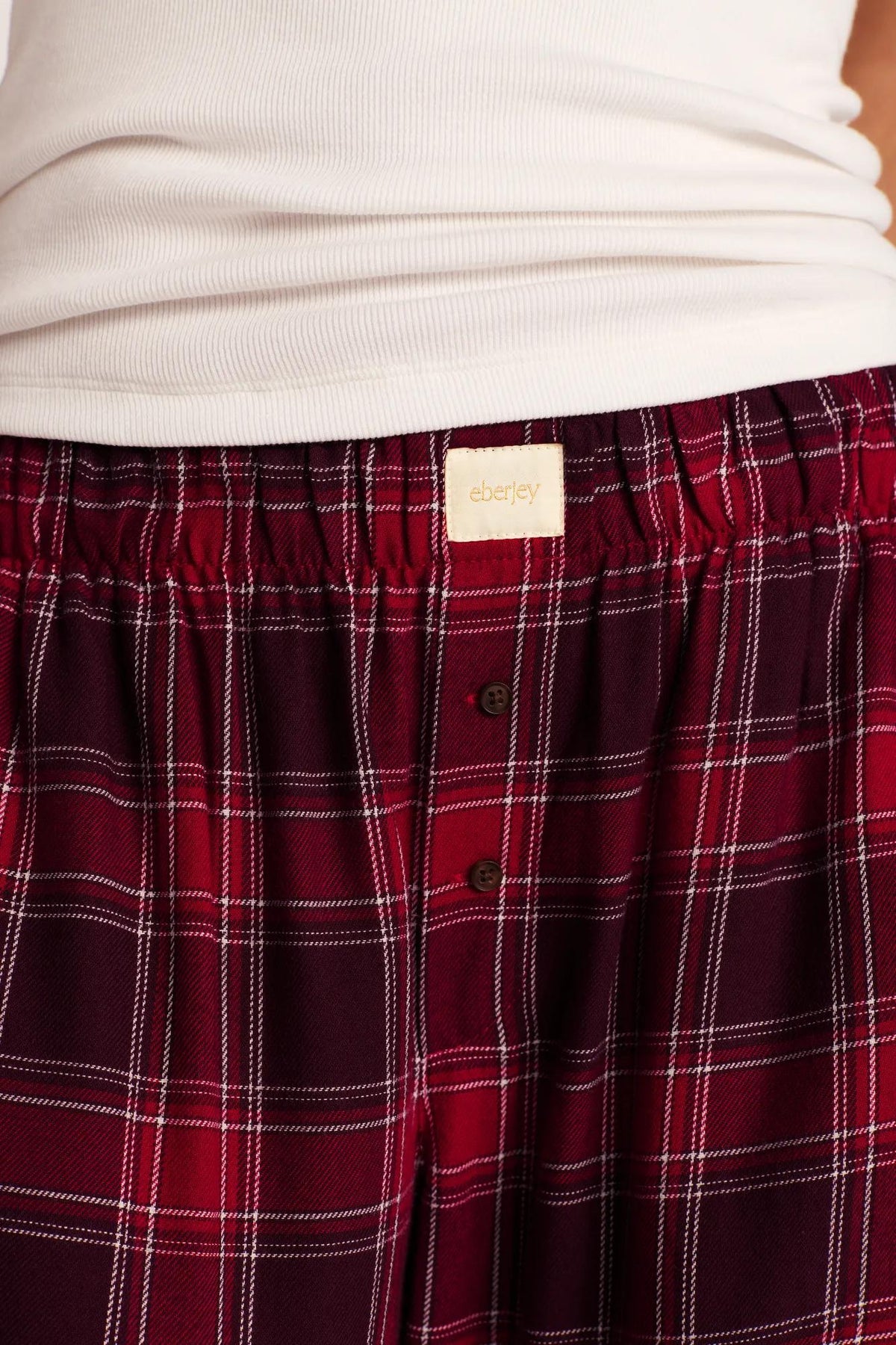Model is wearing Flannel Boxer Pant in Oxford Check Holly Red