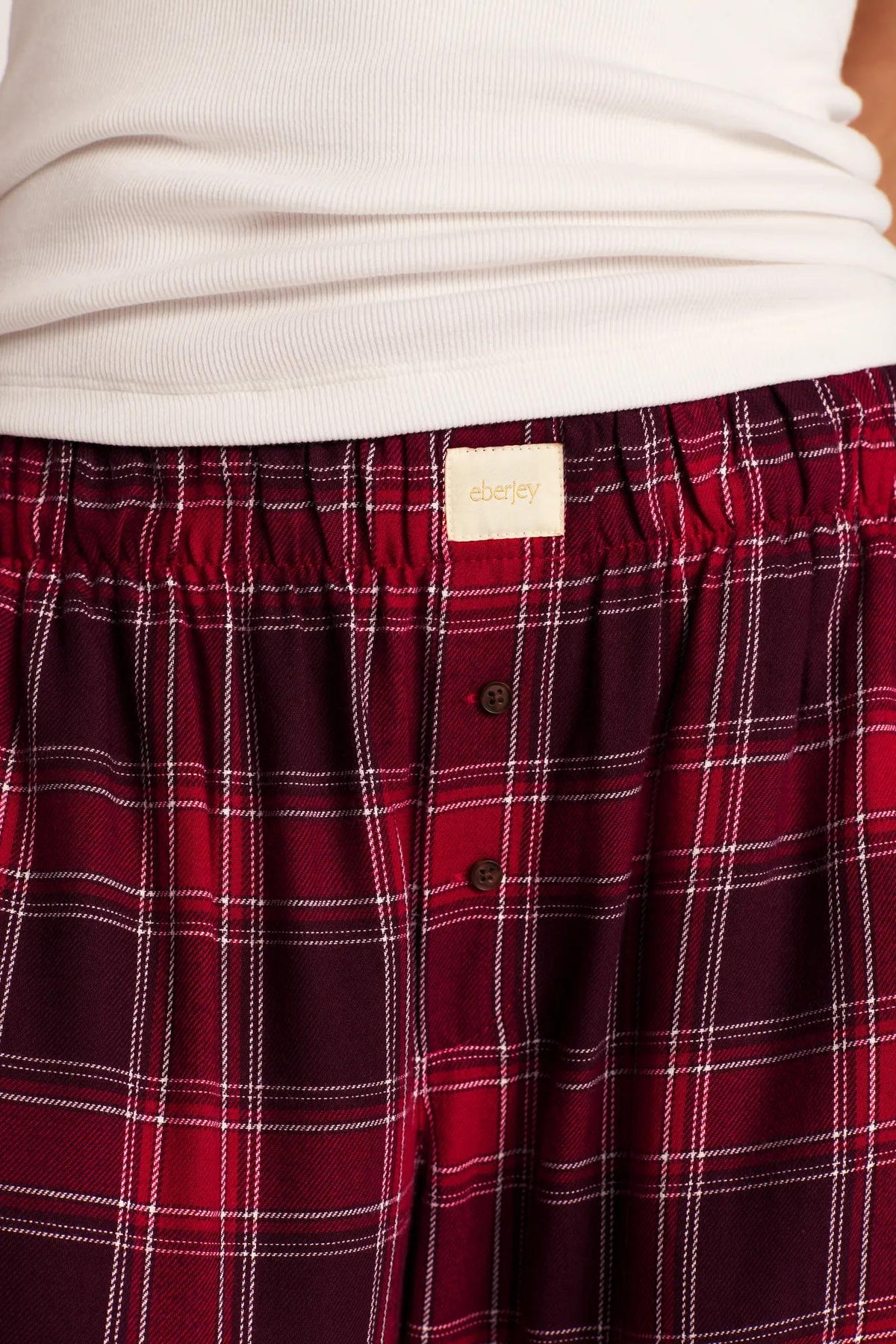 Model is wearing Flannel Boxer Pant in Oxford Check Holly Red