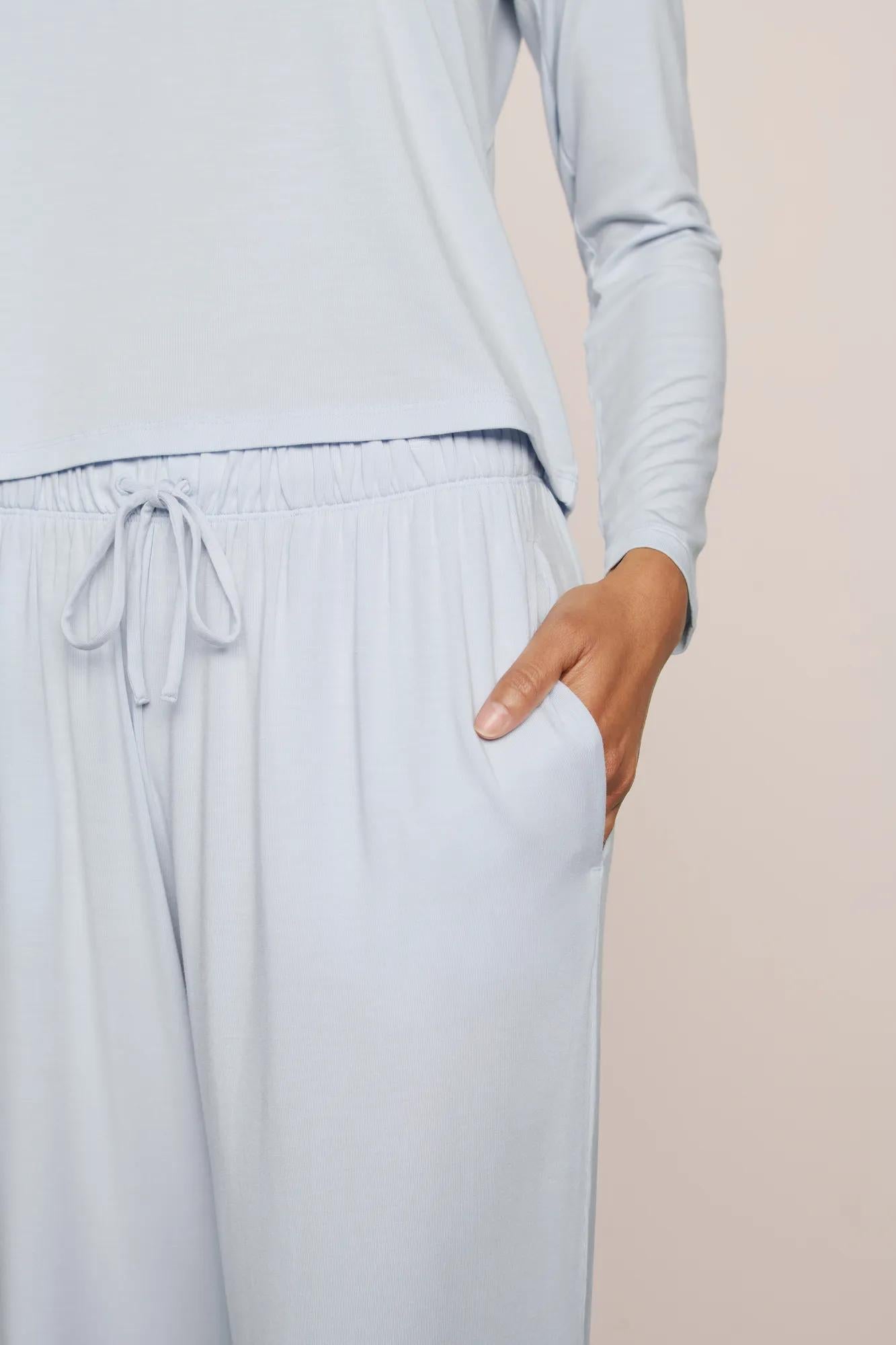 Model is wearing Gisele TENCEL™ Modal Everyday Straight Leg Pant  in Ice Blue