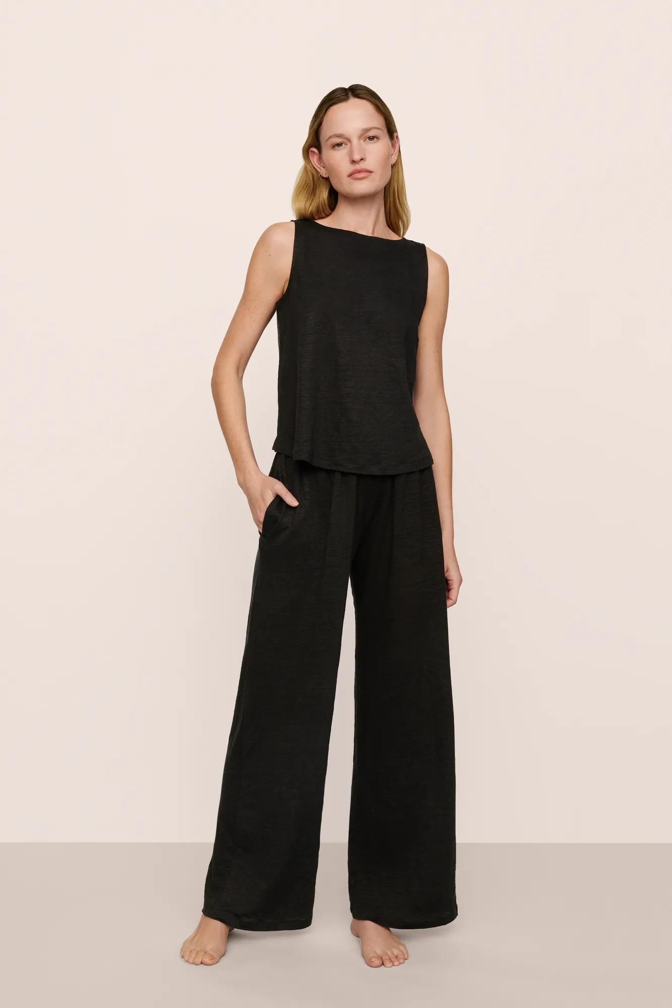 Model is wearing Organic Linen Knit High Waisted Pant in Black