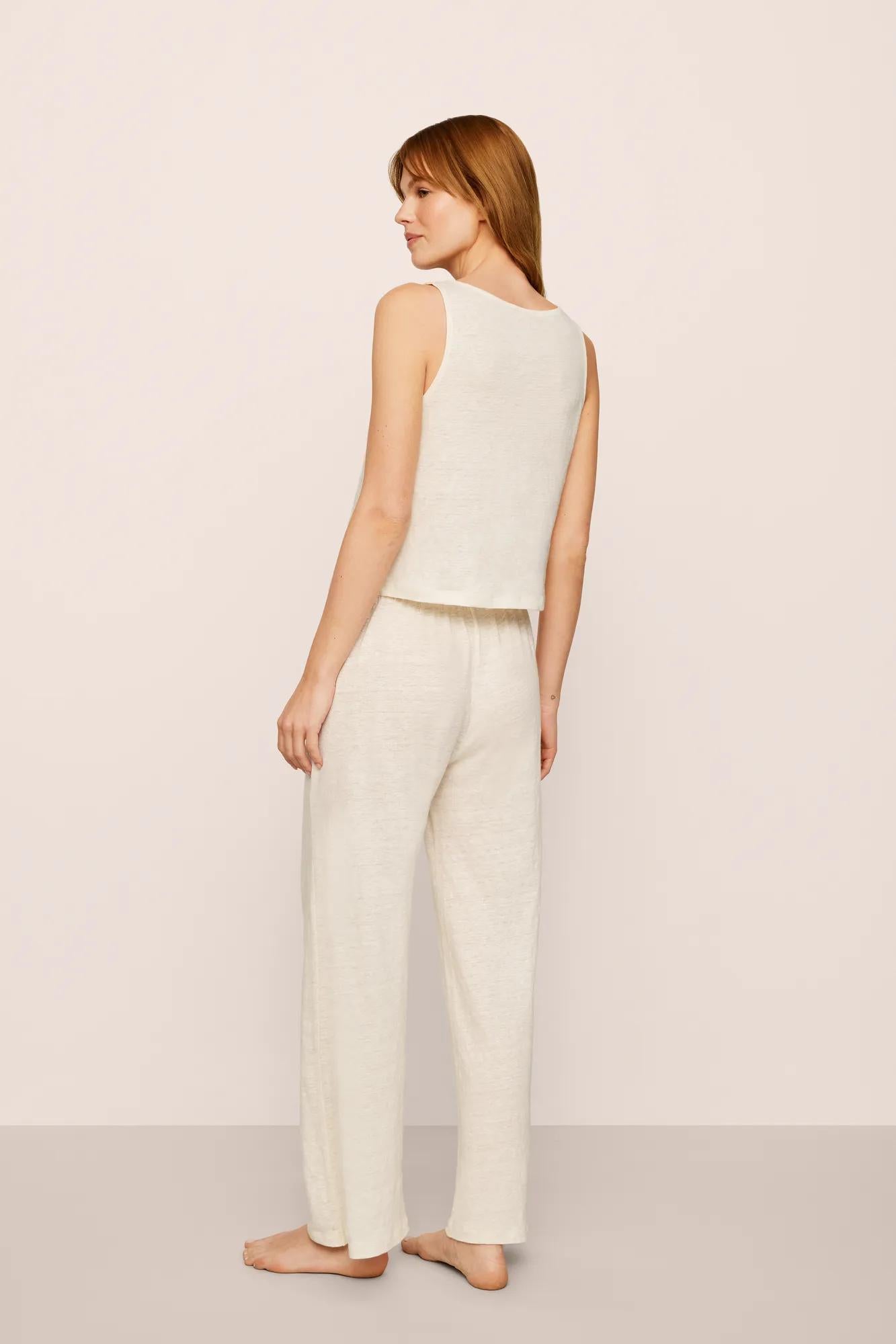 Model is wearing Organic Linen Knit High Waisted Pant in Ivory