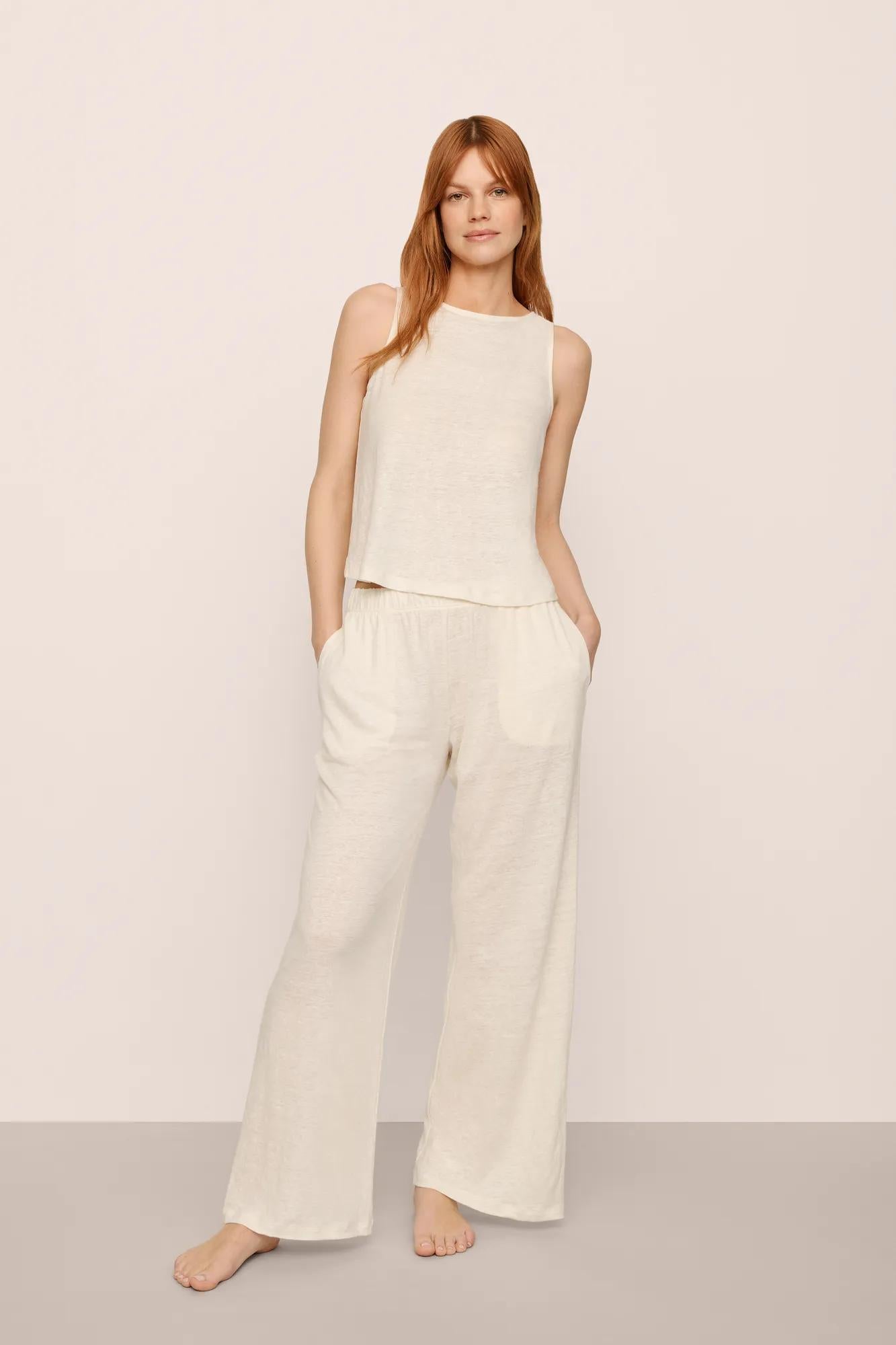 Model is wearing Organic Linen Knit High Waisted Pant in Ivory