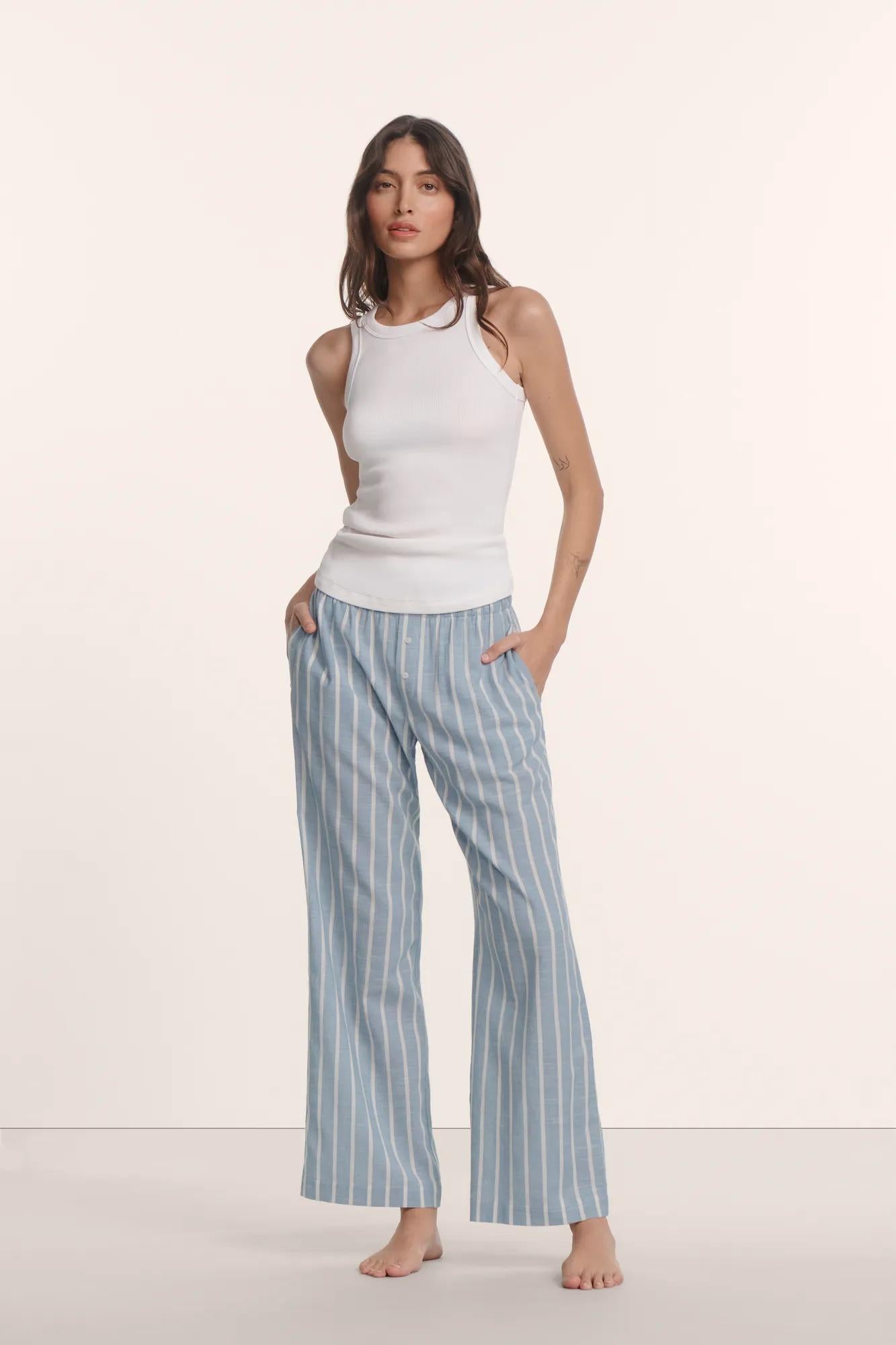 Model is wearing Nautico Boxer Pant in Classic Stripe Slate Blue/Ivor