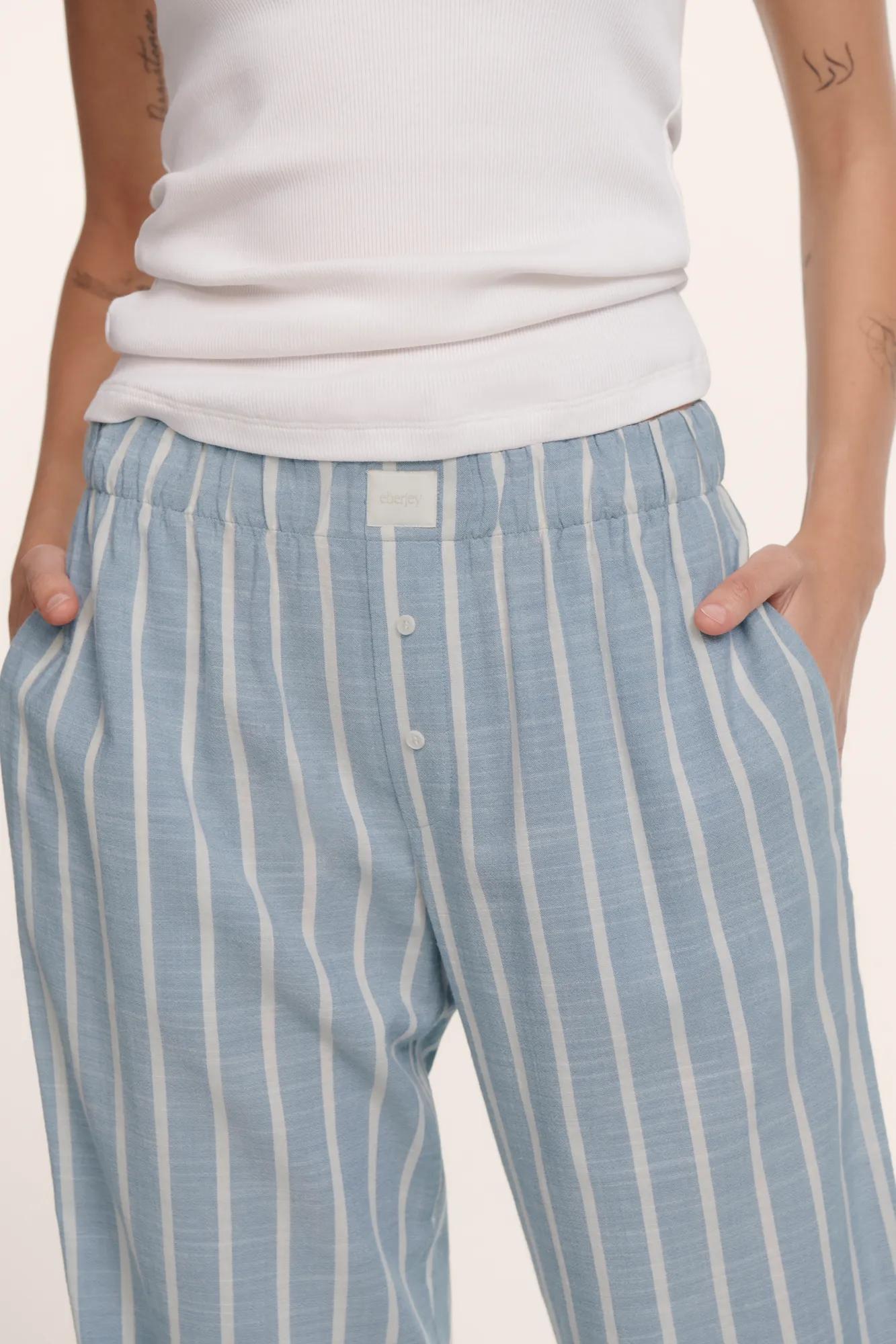 Model is wearing Nautico Boxer Pant in Classic Stripe Slate Blue/Ivor