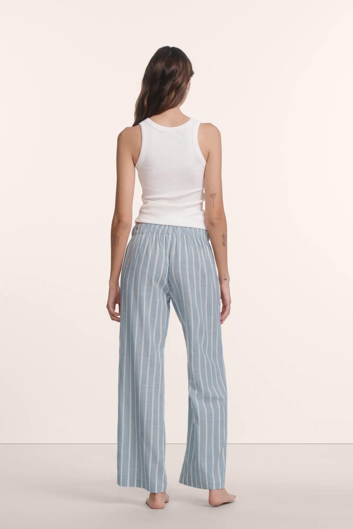 Model is wearing Nautico Boxer Pant in Classic Stripe Slate Blue/Ivor