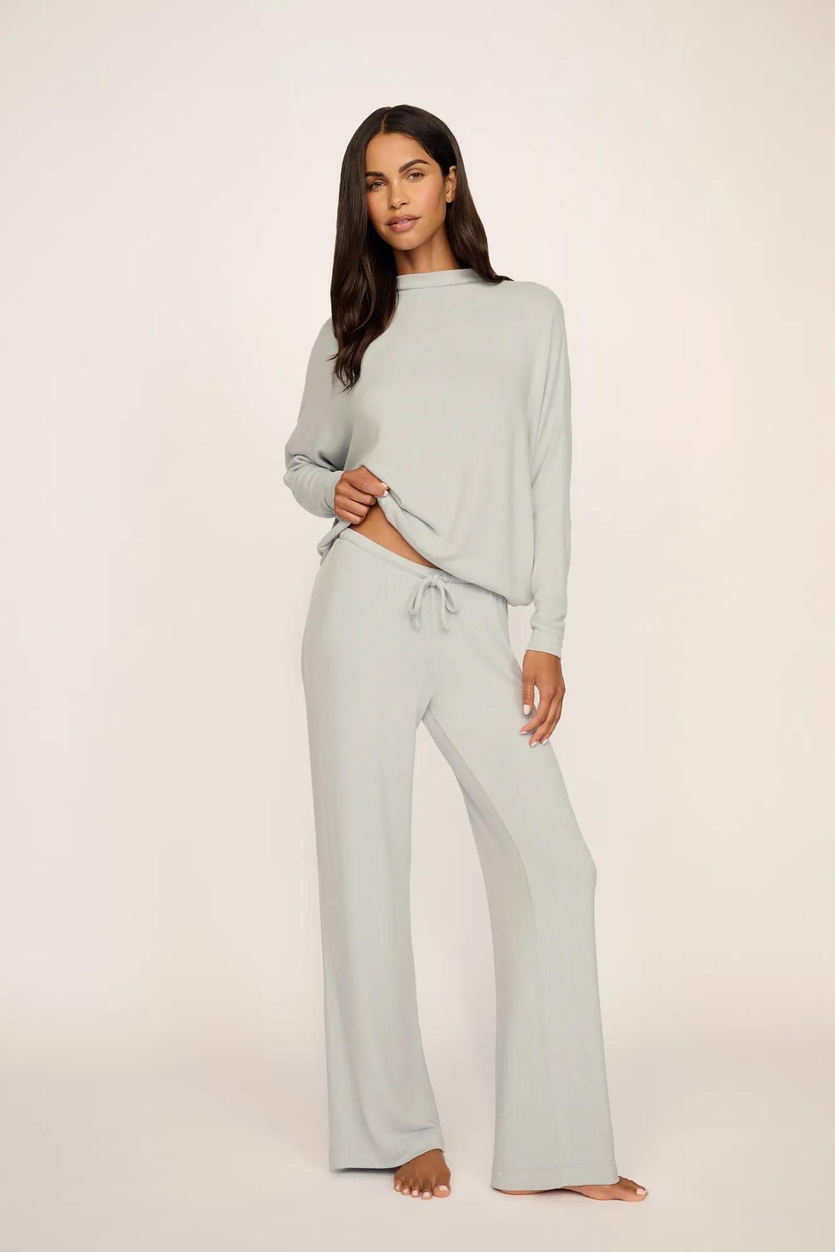 Model is wearing Cozy Time Pant in Blue Mist