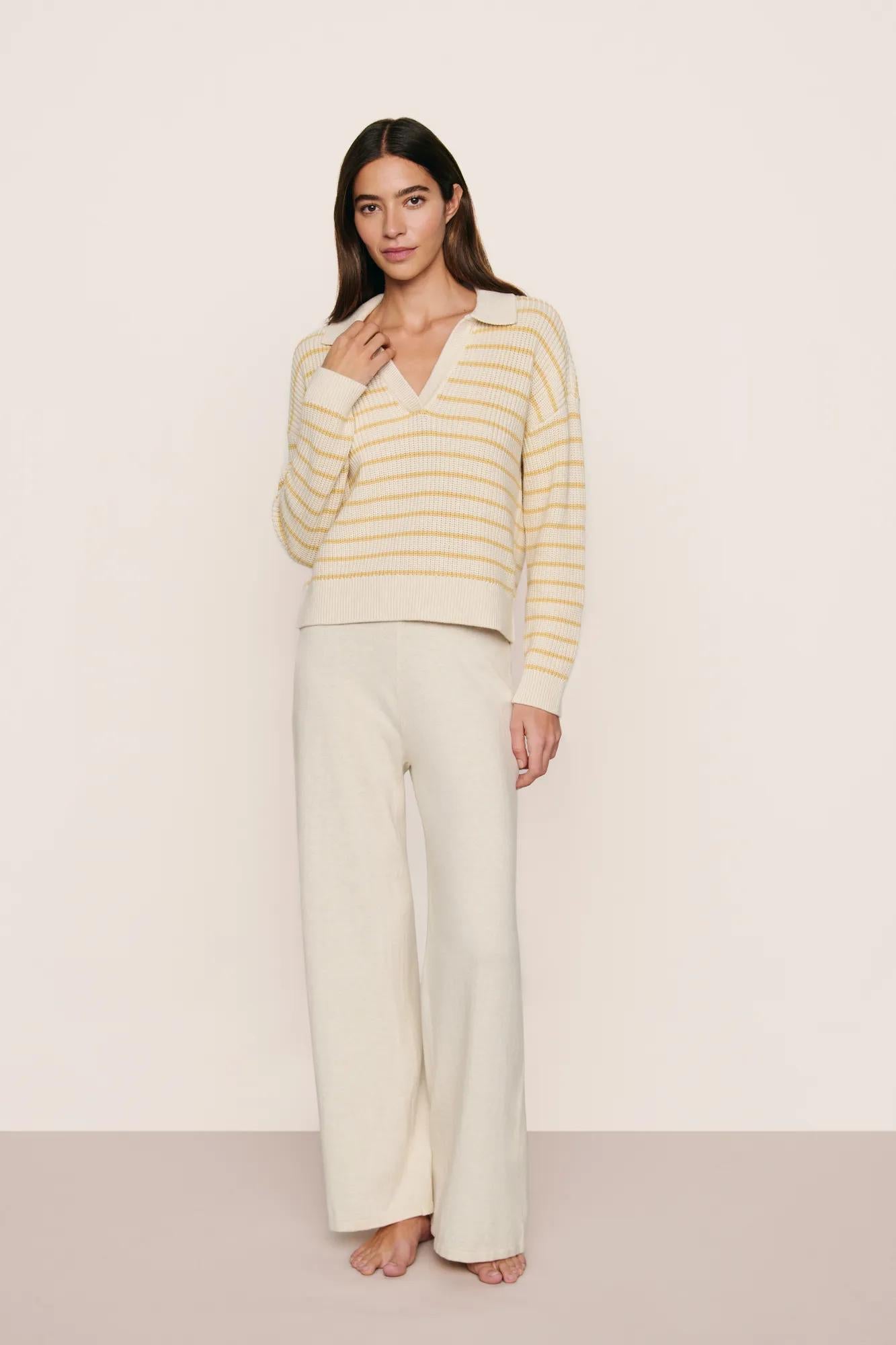 Model is wearing Fine Gauge Sweater Pant in Almond Heather