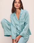 Model is wearing Inez Washable Silk Long Pj Set in Canal Blue/Ivory