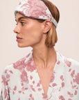 Model is wearing Inez Washable Silk Printed Eye Mask in Ikebana Pearl
