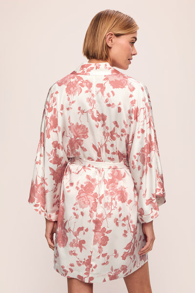 Model is wearing Inez Printed Washable Silk Short Robe in Ikebana Pearl
