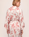 Model is wearing Inez Printed Washable Silk Short Robe in Ikebana Pearl
