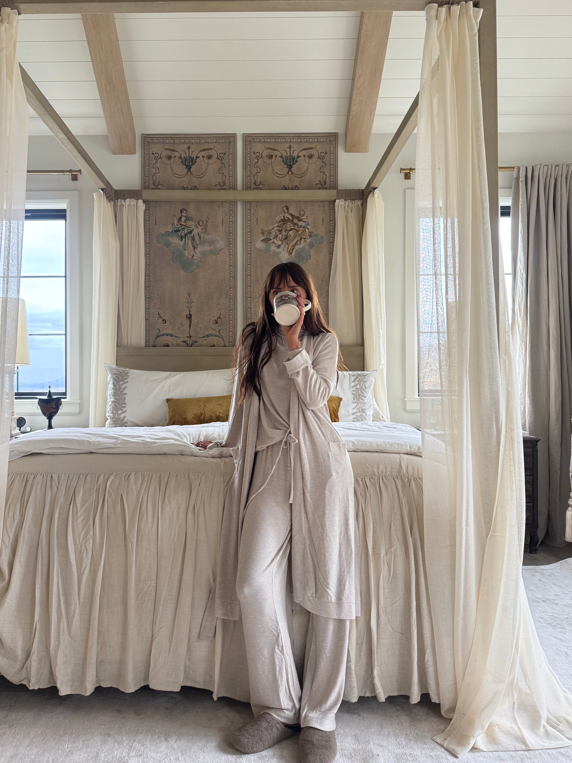 Model is wearing Cozy Time Mock Neck Pullover, Pant and robe in Heather French Oak