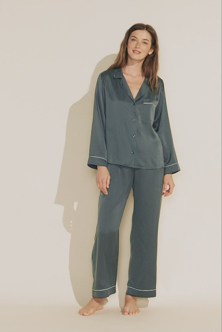 Model wears Inez Washable Silk Long PJ Set in Pistachio/Lime.